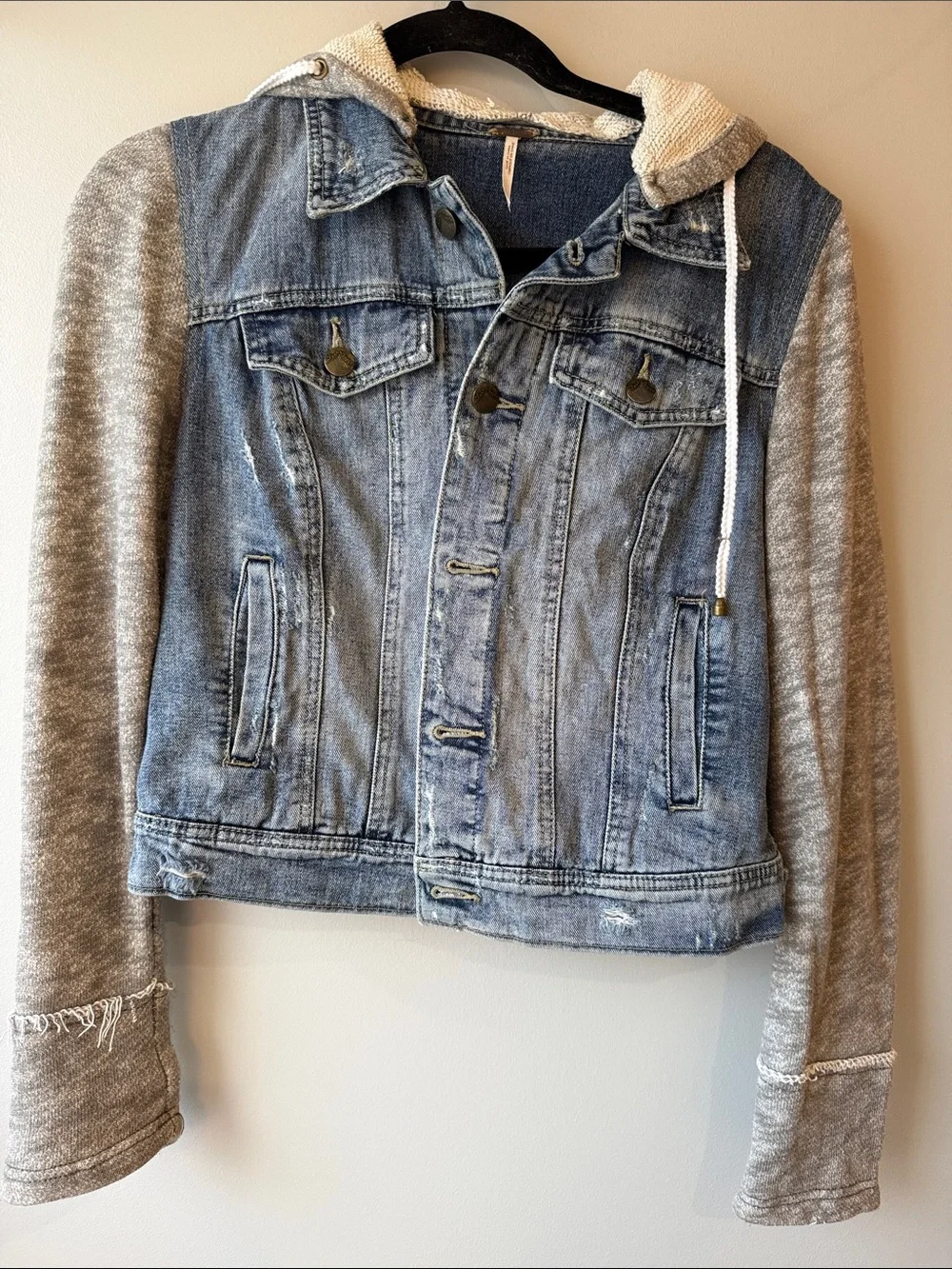 Free People Blue Denim Jacket with Gray Knit Sleeves & Hooded Pullover cotton S